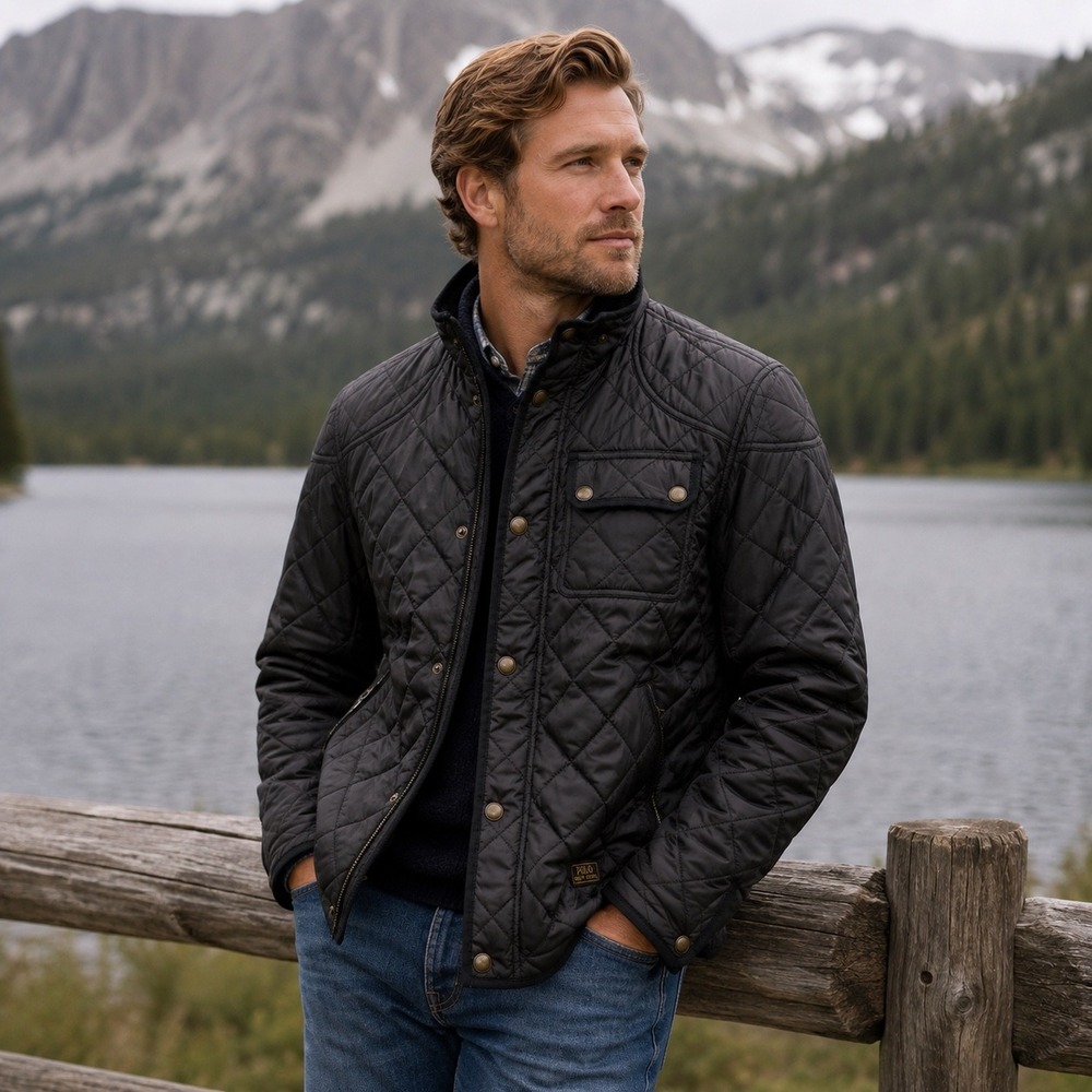 Polo Ralph Lauren Mens Quilted Jacket Black Diamond Quilt Polo Club Coat Medium